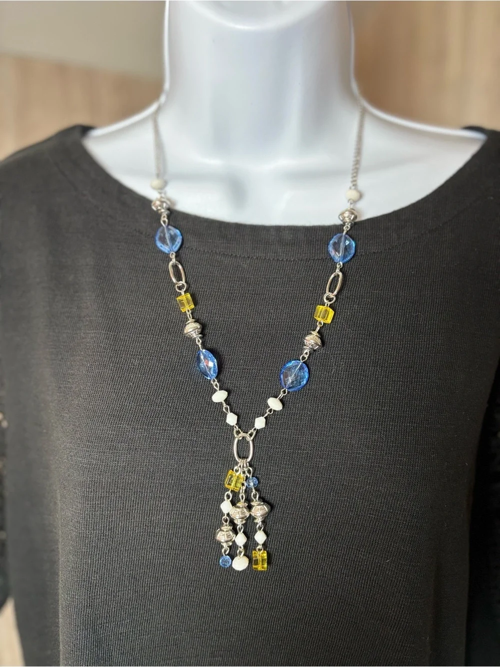 Silver-Tone Blue and Yellow Beaded Tassel Necklace Excellent Condition